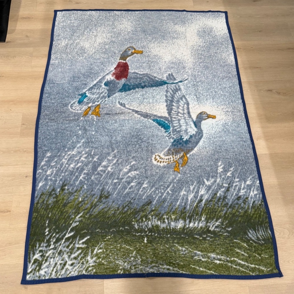 VTG Biederlack Mallard Duck Throw Blanket Blue USA Wildlife LodgeDucks Geese